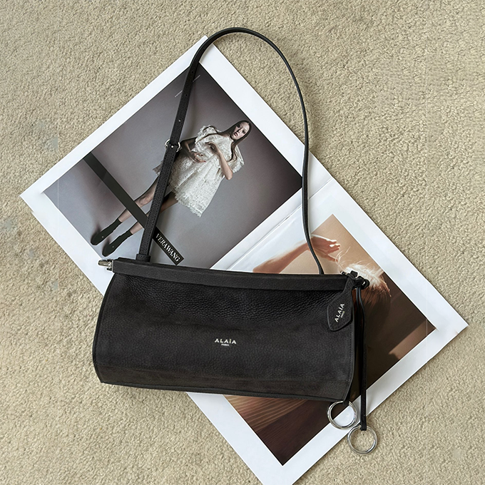 alaia small horizontal clip suede shoulder handbag